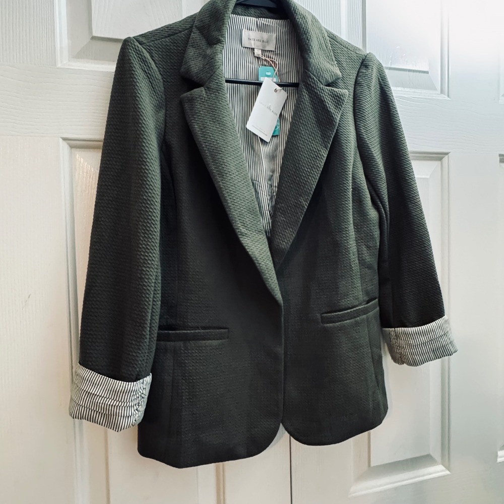 NWT Skies Are Blue Olive Green Textured Blazer OpenFront Striped Cuff Sz Small - Picture 2 of 8